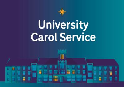 University carol service on gradient blue background. Above text image of a yellow star and below blue image of Hazlerigg building with yellow lit windows.